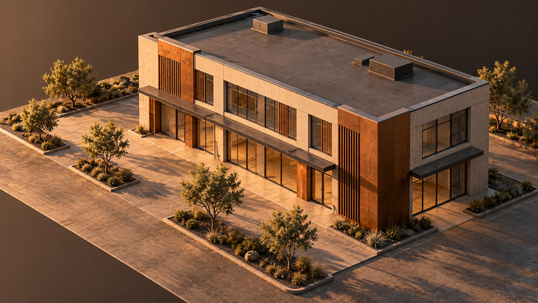 An isometric render of a finished two-storey block with a flat roof, seen from above at an angle. A glazed ground floor, a run of vertical fins on the end bay, a canopy over the entrance, and paved aprons with planted strips and small trees along two sides.