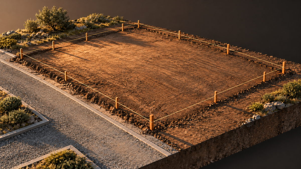An isometric render of a rectangular platform of bare earth cut out of scrubby ground. Timber stakes stand at intervals along all four edges with a line strung between them, a kerbed footway and a strip of carriageway run along the lower side, and the cut face of the ground is exposed at the far corner.